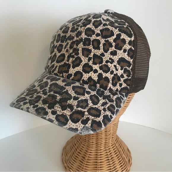 Distressed Canvas, Mesh Back Ponytail Hat Adjustable. Leopard Print - Picture 5 of 13